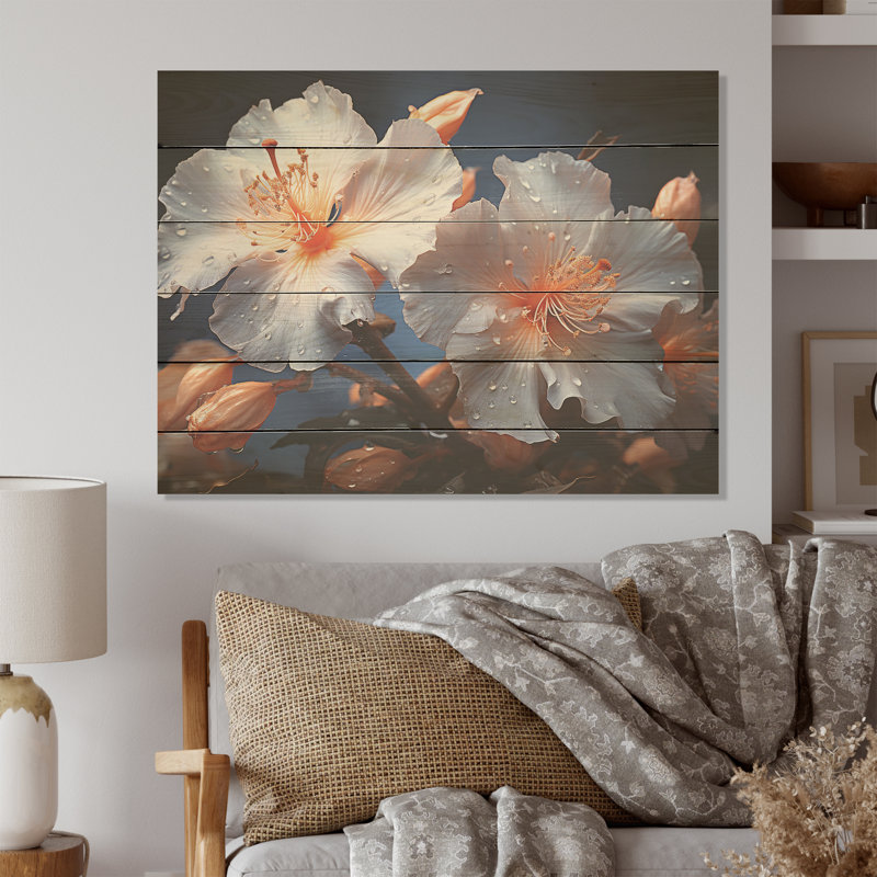 Moonlit Hibiscus Petals - Hibiscus Wood Wall Art On Natural Pine Wood, 24" H x 32" W