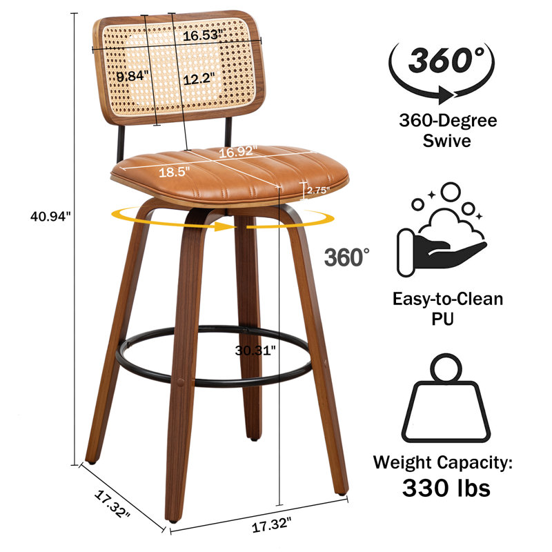 Valerie Wooden Rattan Faux Leather Bar Stools, Brown, Bar Stool (30.31" Seat Height)