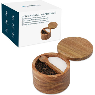 Boîte à sel et poivre en bois d'acacia, cuillère intégrée