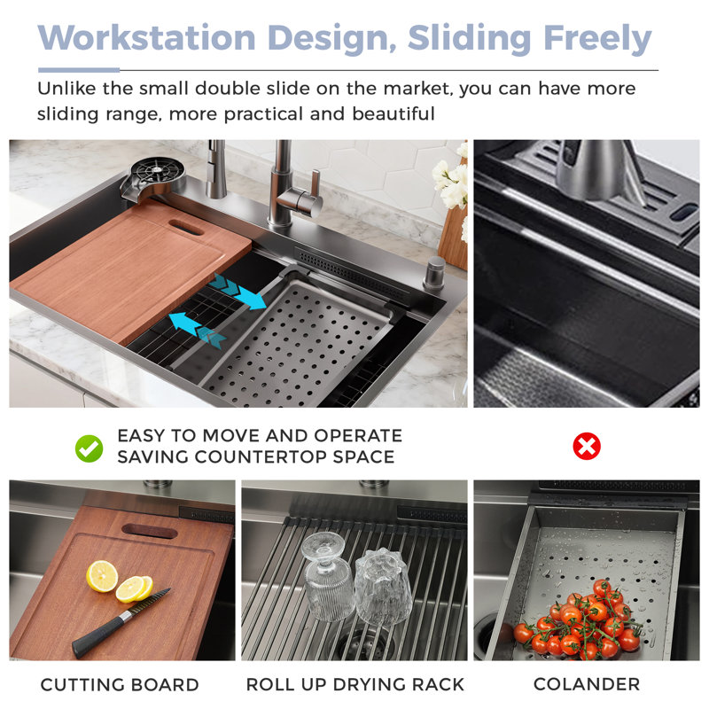 Évier de cuisine en cascade noir 33 po avec robinet escamotable, robinet encastré en acier inoxydable Nano, bol simple en acier inoxydable avec accessoires | Idée de cadeau