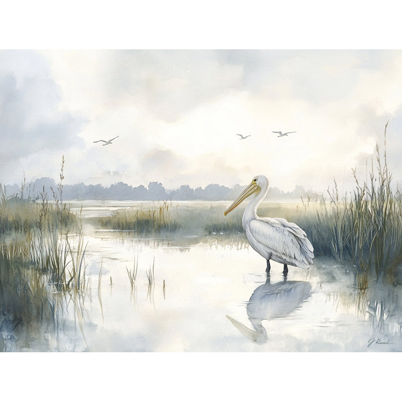 Peaceful Shore: pélican dans la matinée brumeuse, toile tendue, H 24 po x l 36 po