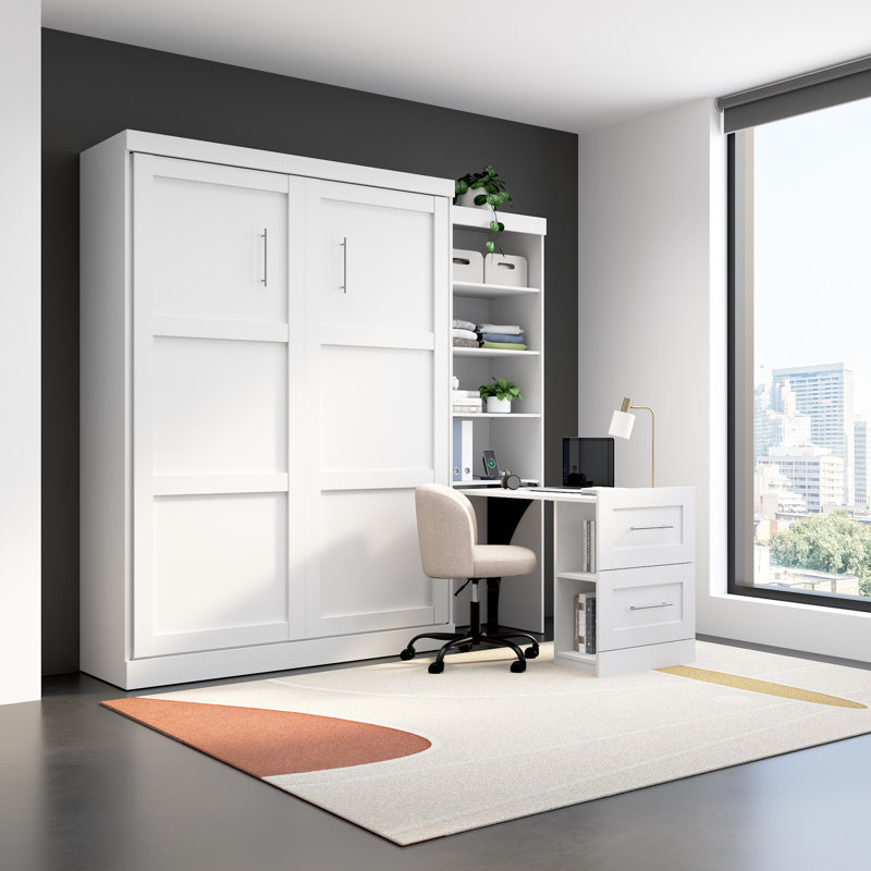 90W Queen Size Murphy Bed With Pull-Out Desk, White