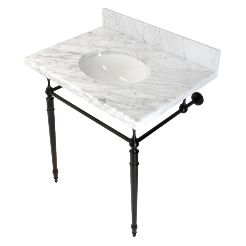 Kingston Brass Edwardian 30-Inch Carrara Marble Console Sink with Brass Legs (8-Inch, 3-Hole), Marble White/Matte Black