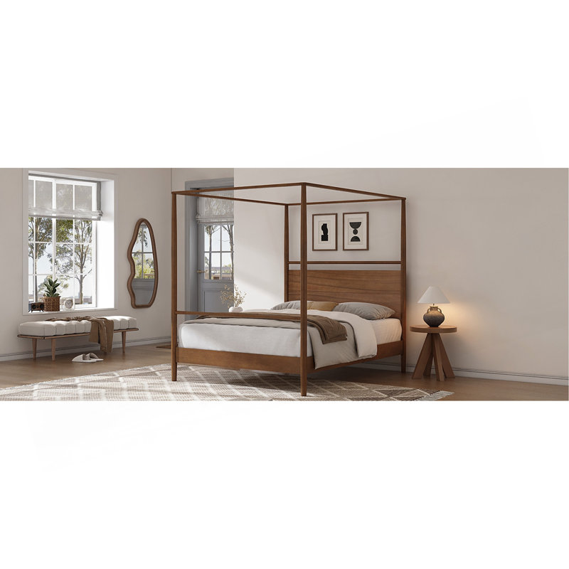 Solid Wood Canopy Bed Frame Four Posters Bed No Box Spring Needed,Queen Size,Walnut