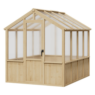 6x8 Ft Large Wooden Greenhouse with Adjustable Roof Vent, PC Panels and Lockable Door, Heavy-Duty Spruce Frame for Garden or Patio
