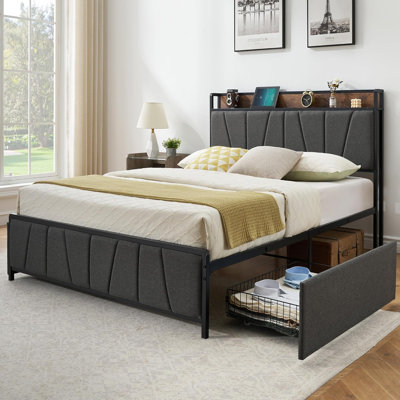 Queen Platform Bed – USB + Drawers, Linen Upholstery