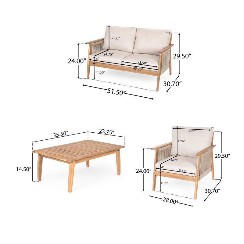 Ensemble de conversation modulaire d'extérieur 4 pièces en bois d'acacia et corde