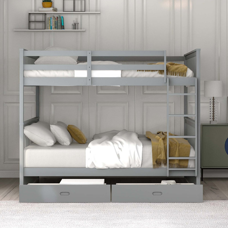 Full-Over-Full Bunk Bed With Ladders And Two Storage Drawers, Gray