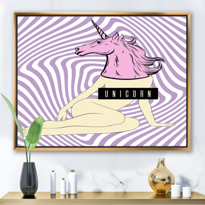 Femme licorne sur fond psychédélique mauve - reproduction d'art graphique sur toile
