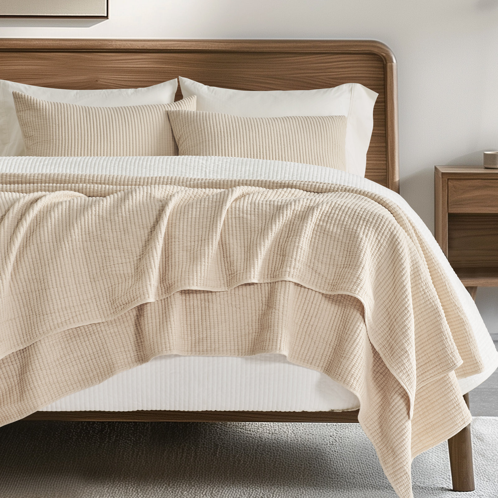 Ribbed Matelassé Cotton Coverlet Set, Beige, King Quilt + 2 King Shams