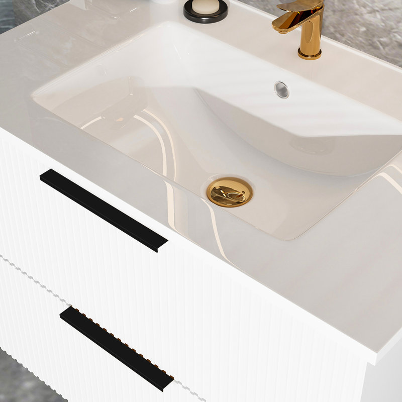 Meuble-lavabo mural moderne flottant de 36 pouces avec lavabo en céramique blanche et deux tiroirs, premier tiroir en U, rangement organisé, panneau multicouche pour une durabilité à long terme, assemblage simple