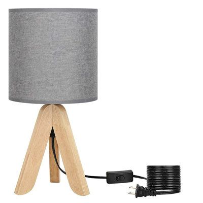 Lampe de chevet moderne avec base en bois et abat-jour en tissu gris