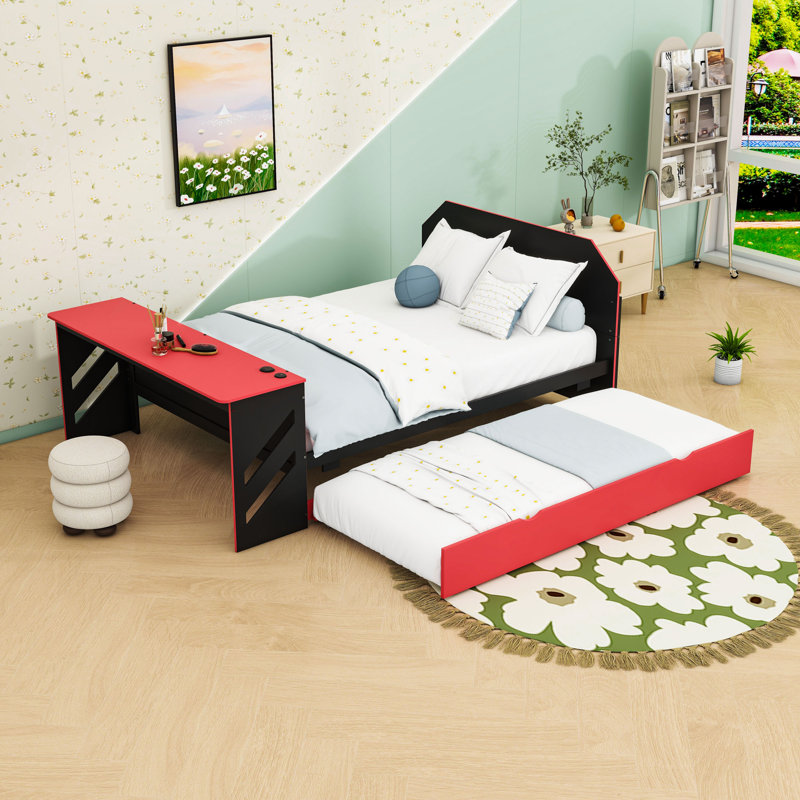 Full Size Daybed with Twin Trundle and USB Desk, Red