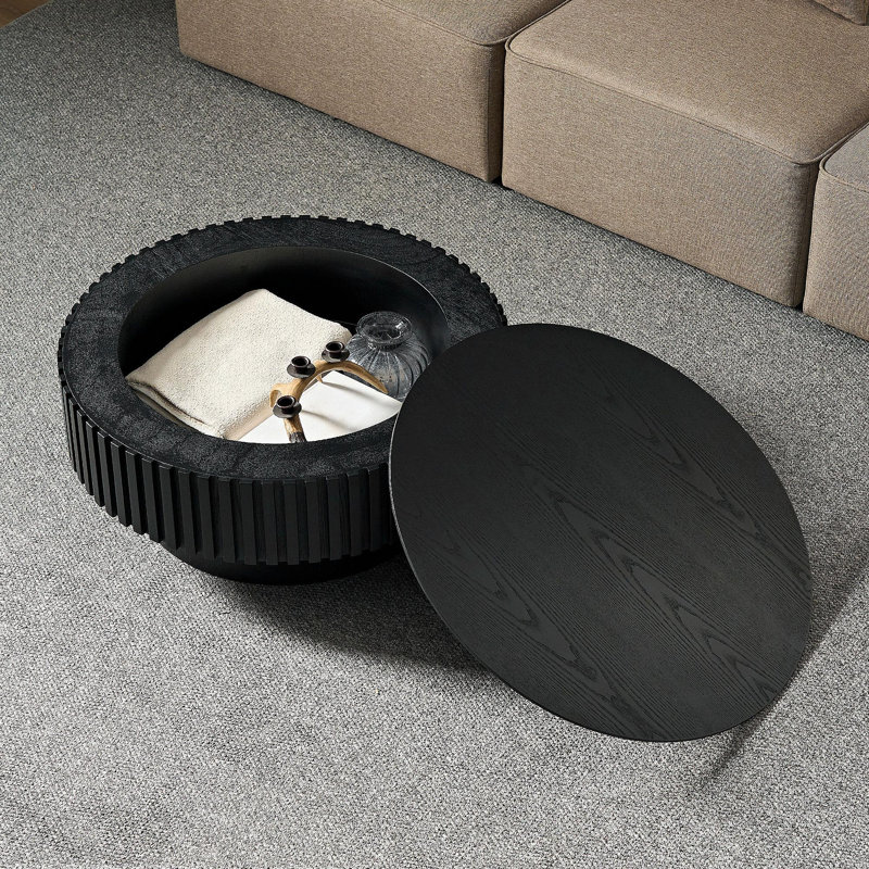 Table basse 31,49 po en bois avec rangement pour appartement, table basse moderne avec piédestal robuste, noir, Noir mat