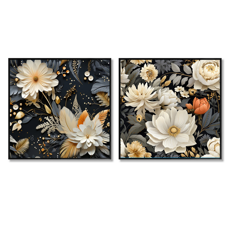 Gomer - Ensemble de 2 collages carrés floraux, Cadre flottant noir, H 16 po x l 33 po