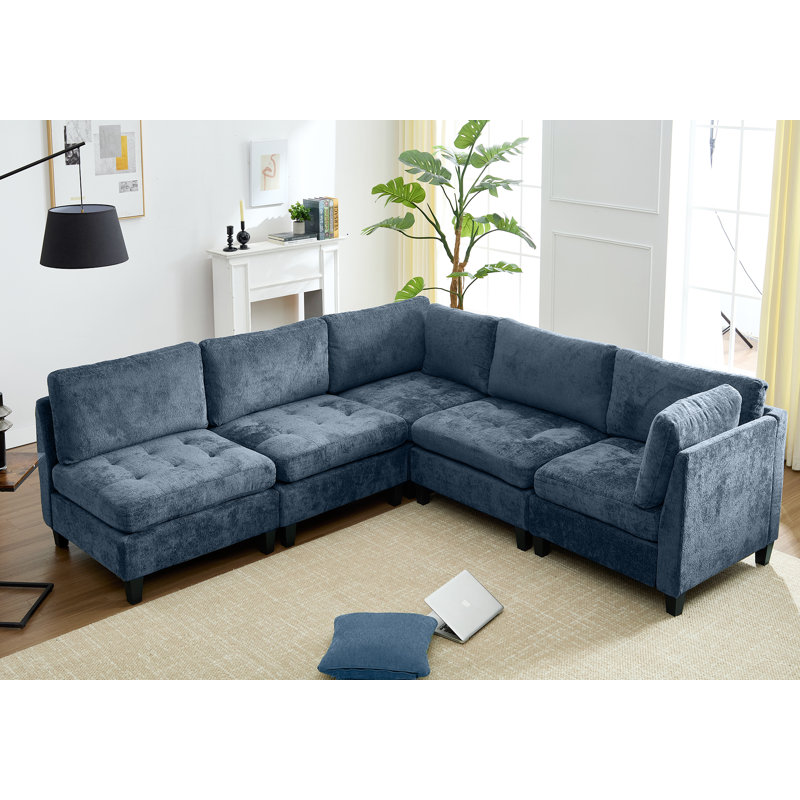 Chenille Sleeper Sectional Corner Couch Modular Sofa Bed With Storage Chaise, Blue Chenille, 33.5'' H x 158'' W x 32.3'' D