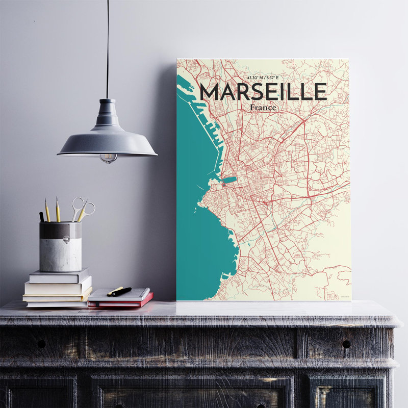 «Marseille City Map», impression, H 27,6 po x l 19,7 po, Vert / beige