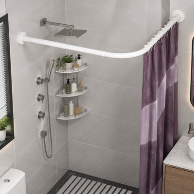 This white stretchable L shaped bathroom and bathtub corner shower curtain rod is made from 304 stainless steel and adjusts from 27"-39" x 27"-39"; it installs without drilling and is intended for bathrooms, bathtubs, clothing stores, and private spaces.