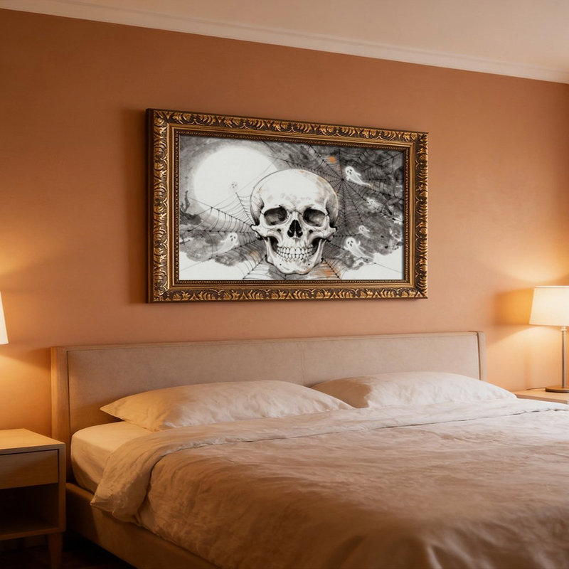 Cadre mural vintage orné de crâne, fantôme et lune – Cadre doré décoratif pour œuvres d'art., L 8 po x l 12 po