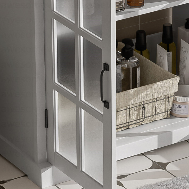 Meuble-lavabo moderne de 30 po avec lavabo en céramique, meuble-lavabo avec verre trempé flou et poignées noir mat, équipé d'un grand espace de rangement et d'un cadre en bois d'hévéa, blanc