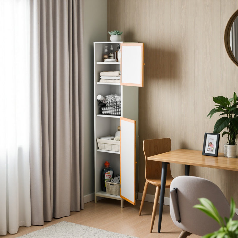 Grande armoire de rangement pour salle de bain avec porte en lattes de bambou