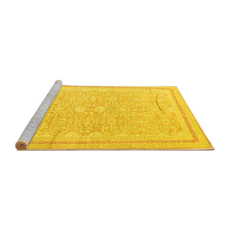 Tapis traditionnels jaunes lavables à la machine 1182, Rond 5 pi