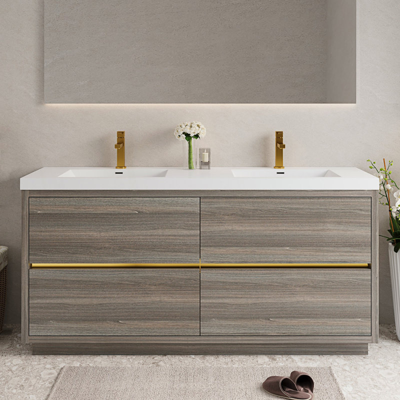 Meuble-lavabo autoportant avec lavabo, meuble-lavabo avec comptoir en résine de pierre, Bois de frêne gris, 71"