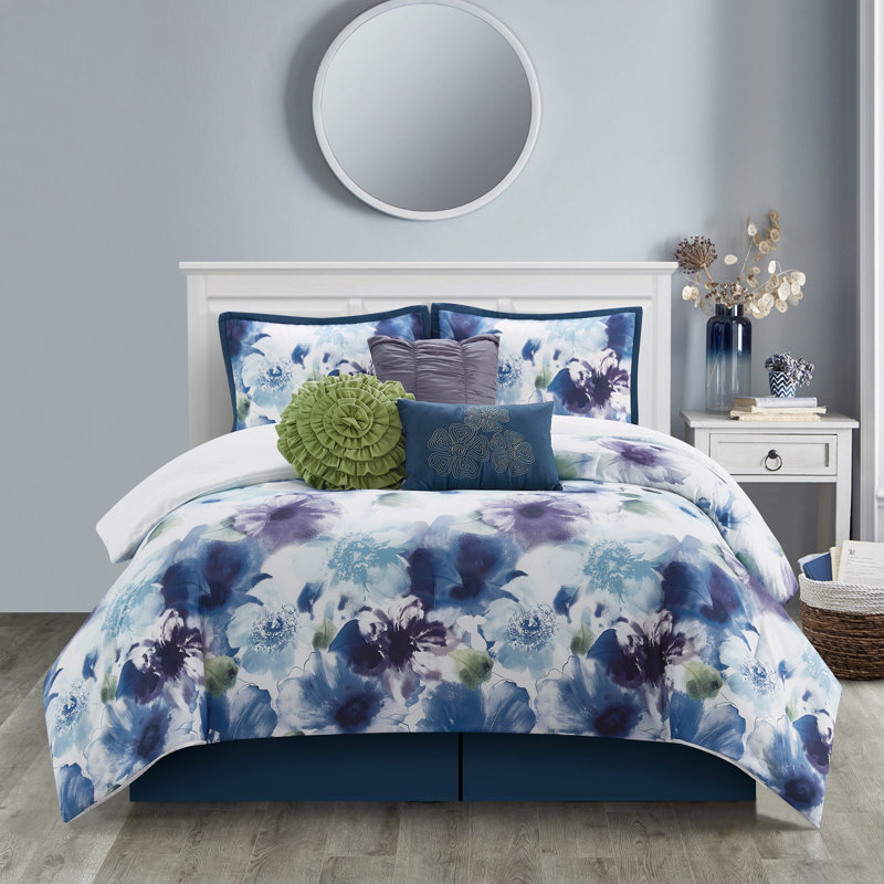 Ensemble d'édredon en microfibre bleu / mauve 7 pièces Eyla, Édredon très grand californien + 6 pièces suppl