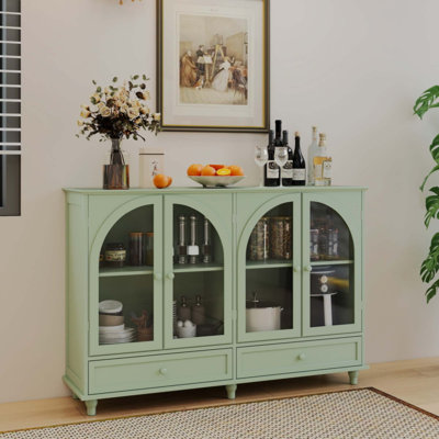Buffet en verre arqué, 2 tiroirs et 4 portes en verre, armoire de présentation avec tablettes réglables, armoire de cuisine moderne pour le vestibule du salon