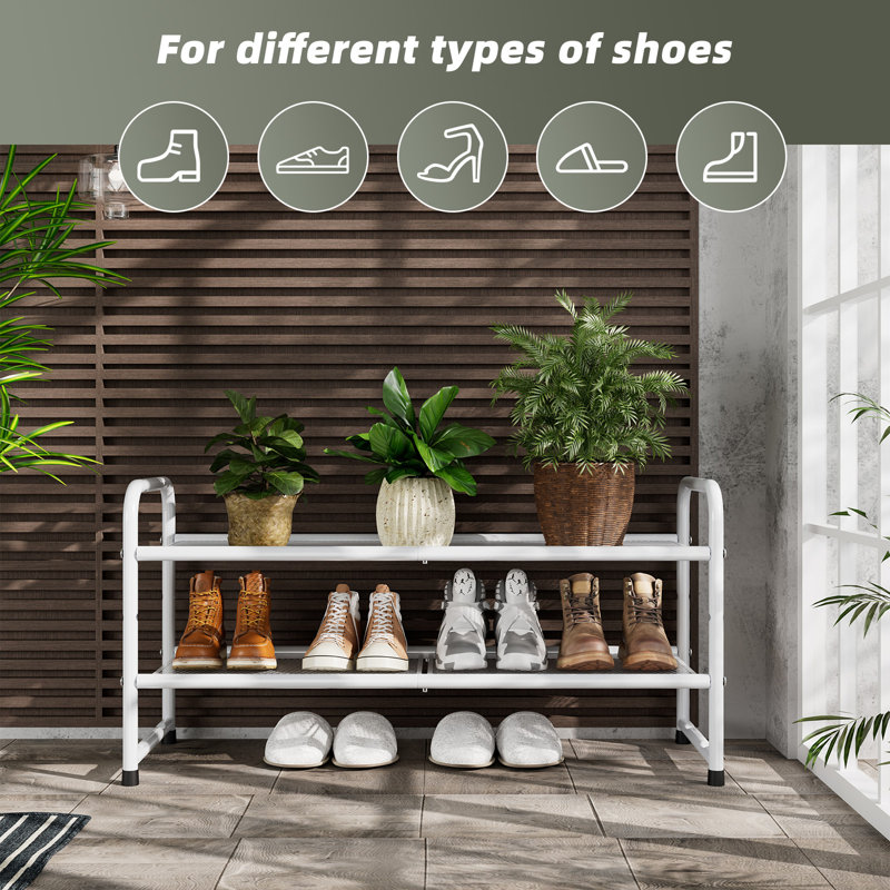 32'' Wide 2-Tier Metal Mesh Shoe Rack for Closet, Stackable and Adjustable, Good for High Heels, White
