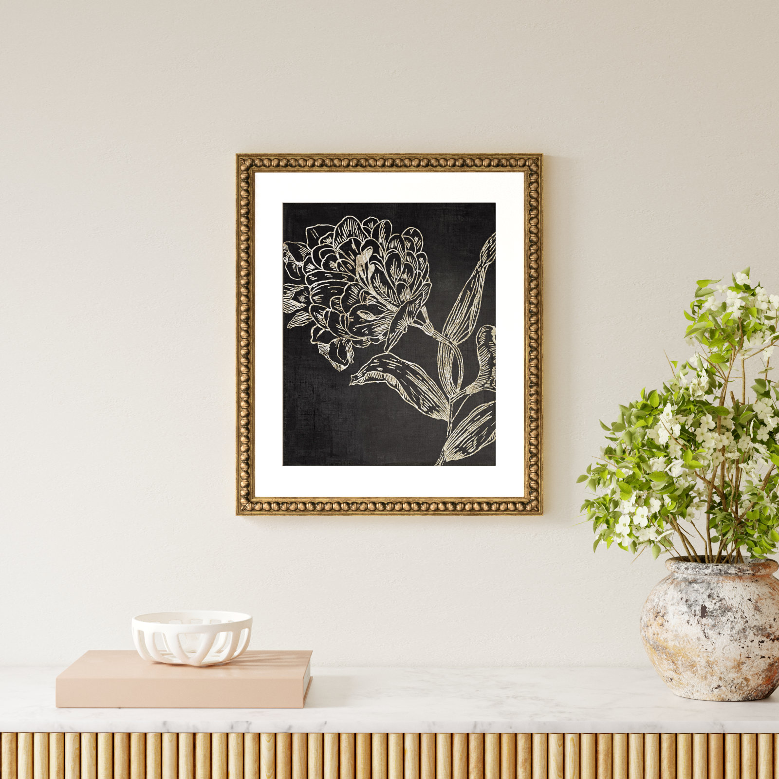 Golden Flower Folklore II by Asia Jensen - Picture Frame Graphic Art, 26.5" H x 22.5" W, Gold Bead