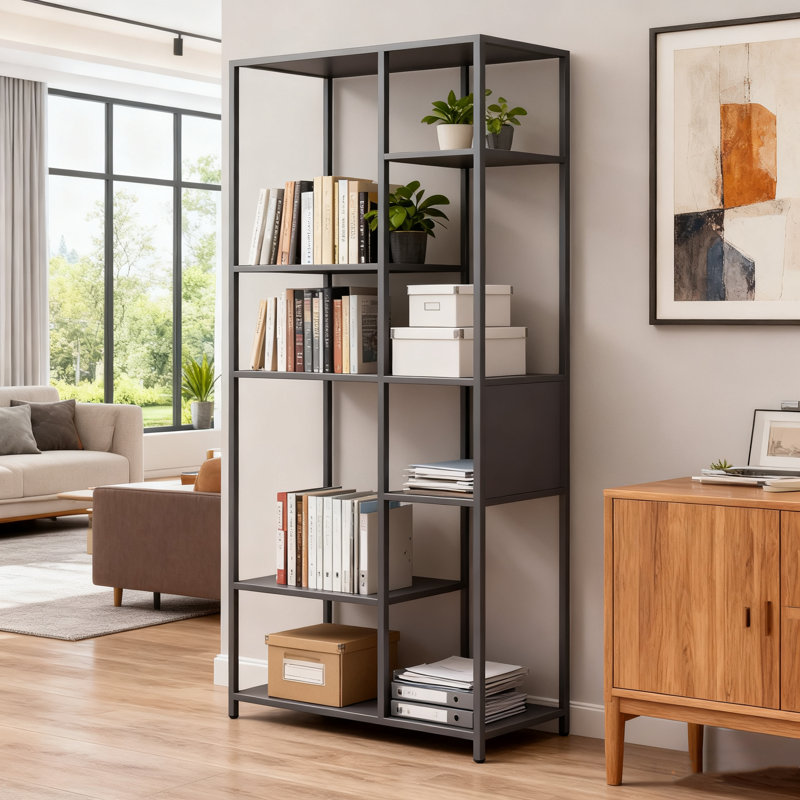 Bibliothèque grise en métal, peu encombrante, décoration intérieure