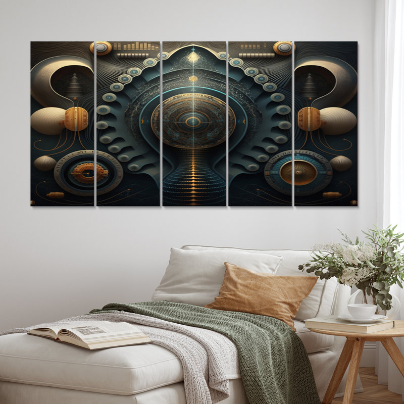 Futur harmonie Minimal Retro Soundwaves III - formes abstraites, reproduction d'art sur toile - 5 panneaux égaux