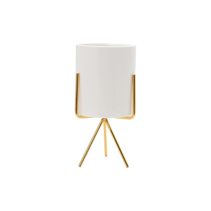 Abdulbaki Ceramic Cylindrical Free Standing Planter with Metal Stand, Gold, 17cm H x 8cm W x 8cm D