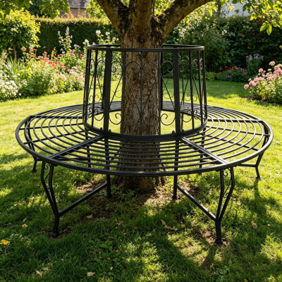 Outdoor Wrought Iron Tree Surround Bench, Round Curved Tree Bench for Tree Trunk, Weatherproof Metal Tree Seat with Scrollwork Backrest, Black Garden Tree Bench for Backyard Lawn Park Patio