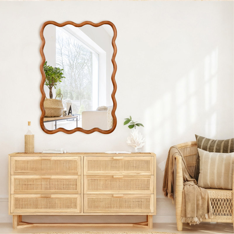 Miroir décoratif jaune-brun rectangulaire en bois massif ondulé de 24 po x 36 po pour chambre à coucher, salle de bain, salon et entrée