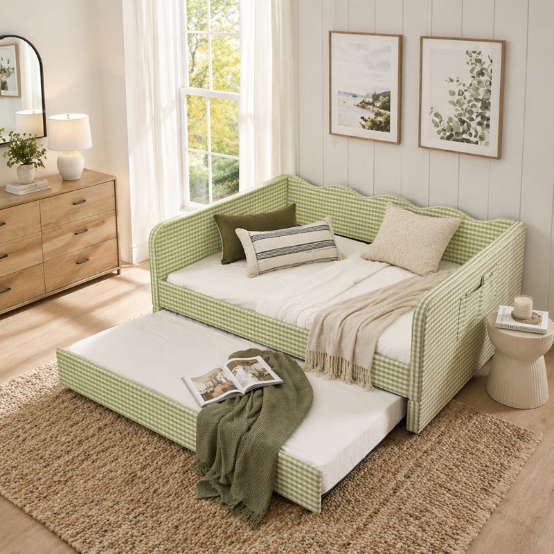Lit de jour rembourré convertible 3-en-1 en vichy avec lit gigogne escamotable et poche de rangement latérale, Full / Double