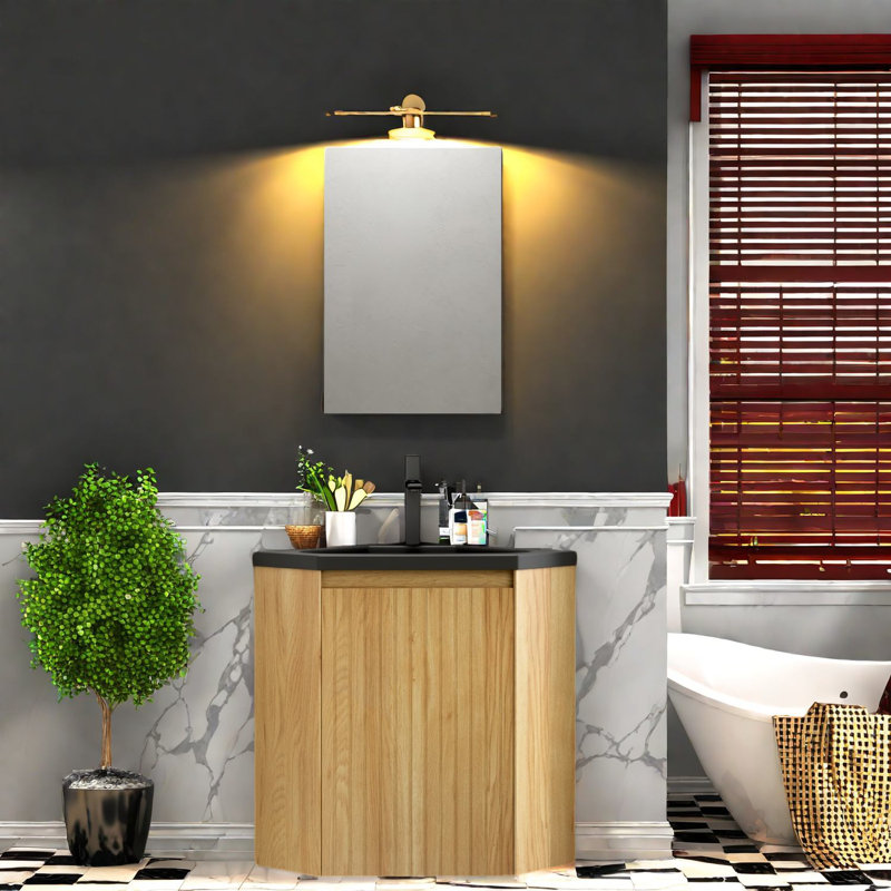 Meuble-lavabo moderne peu encombrant avec lavabo en résine, conception à grain de bois compact