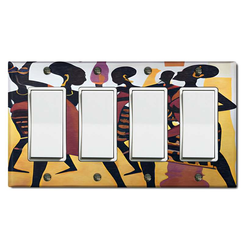 Native African Culture Women Beige Copper Rust Patina Teal Print 4 - Gang Toggle Light Switch Standard Wall Plate