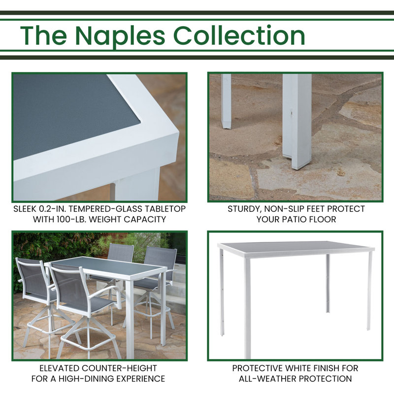 Naples Rectangular White Aluminum and Gray Glass Outdoor Bar Table