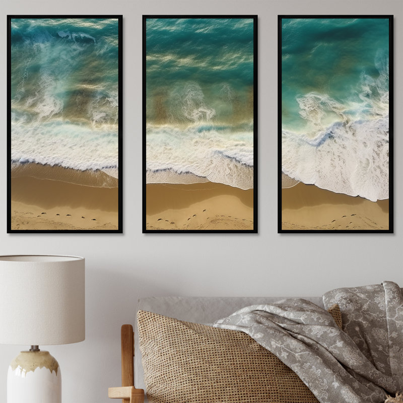 Vue aérienne des vagues tranquilles 4 - plage, art mural, Cadre flottant noir, H 28 po x l 36 po x P 1 po