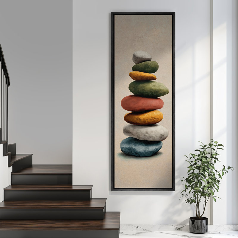 «Stacked Stones Zen Art Extra Large», reproduction d'art sur toile encadrée, H 60 po x l 20 po, Noir