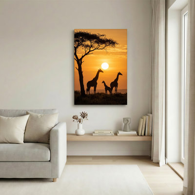 Art mural sur toile, "Silhouette de girafes et d'acacia" contre un coucher de soleil orange