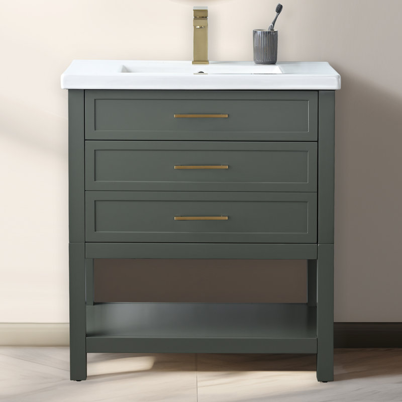 Meuble-lavabo simple 30 po avec comptoir en céramique Vicini, Vert rétro / or brossé