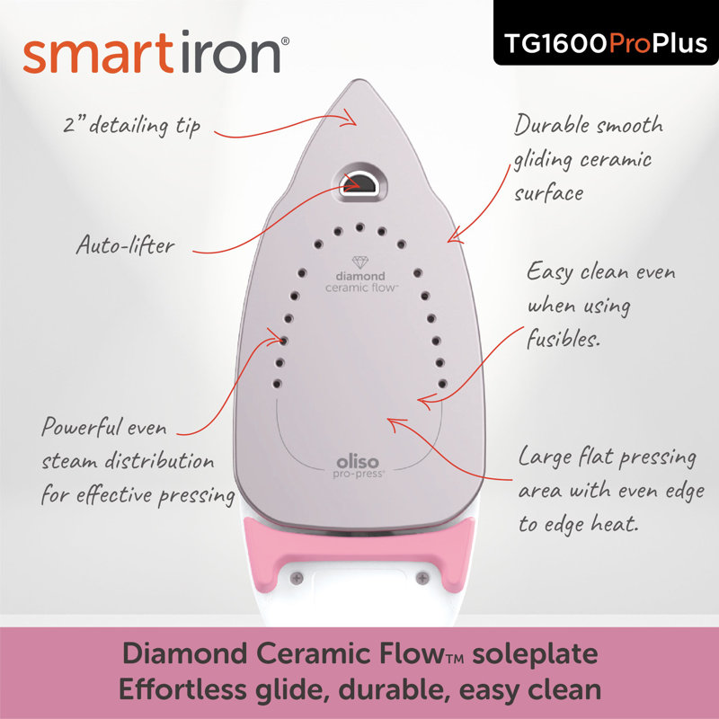 Oliso 1800 Watt Non Stick Soleplate Iron, Pink