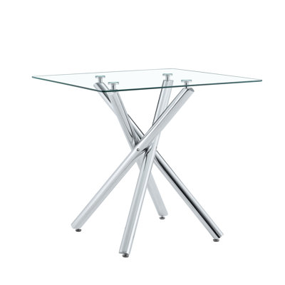 Modern Electroplated Metal Leg Bar Table With Tempered Glass Top, Sturdy Cross-Leg Pub Table