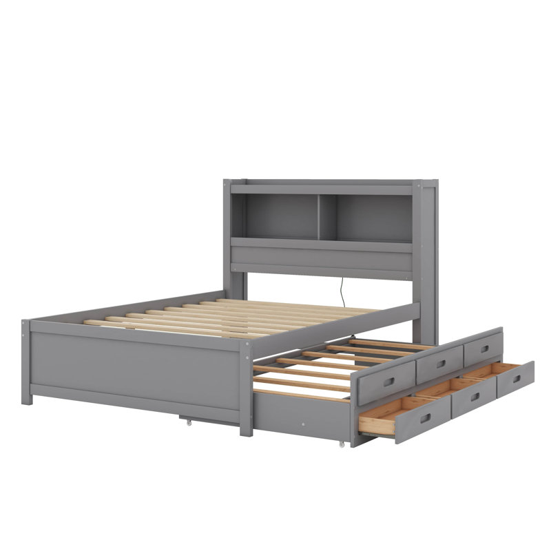 Lit plateforme double avec lit gigogne, tiroirs et port USB, Gris