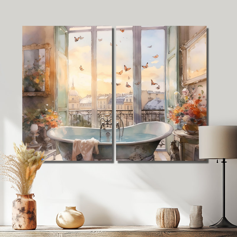 «Bathroom Whispering Butterflies I», art mural moderne doré, H 36 po x l 48 po, Toile tendue, Ne s’applique pas