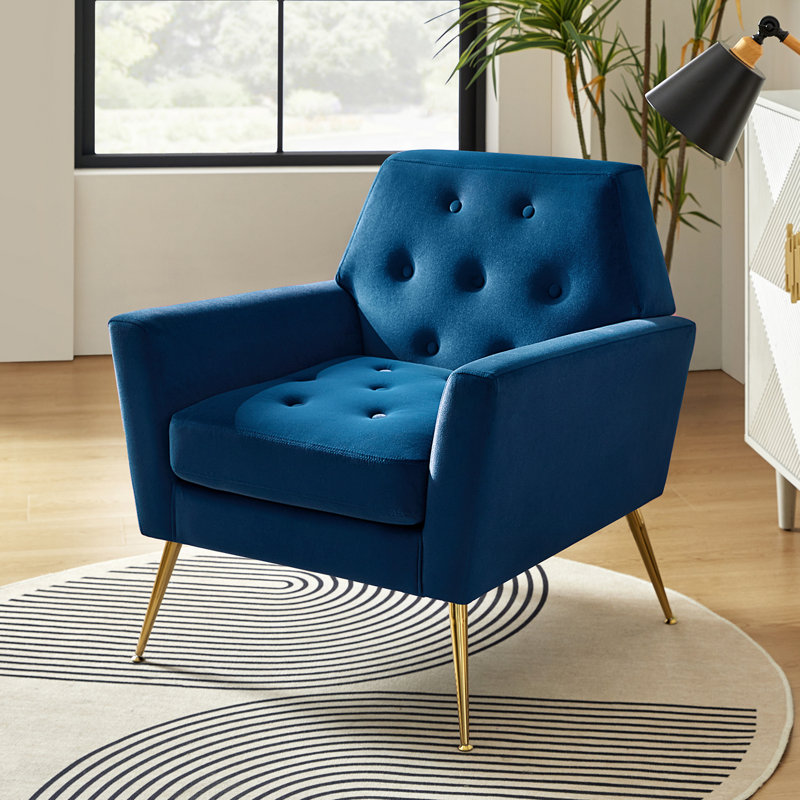 Thaddeus Velvet Upholstered Accent Chair with Metal Base, Navy Velvet