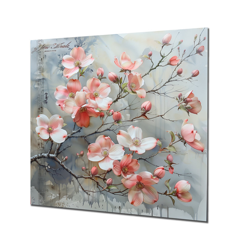 Rose et gris, hivers, Grace Dogwood I - reproduction d'art mural cornouiller, Métal métal, H 16 po x l 16 po x P 1 po